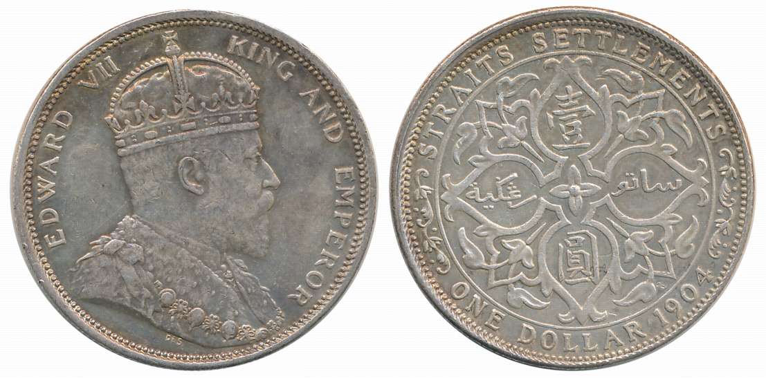 Straits Settlements, Edward VII, Silver 1 Dollar, 26.86g, 1904, Obv: Crowned bust facing r