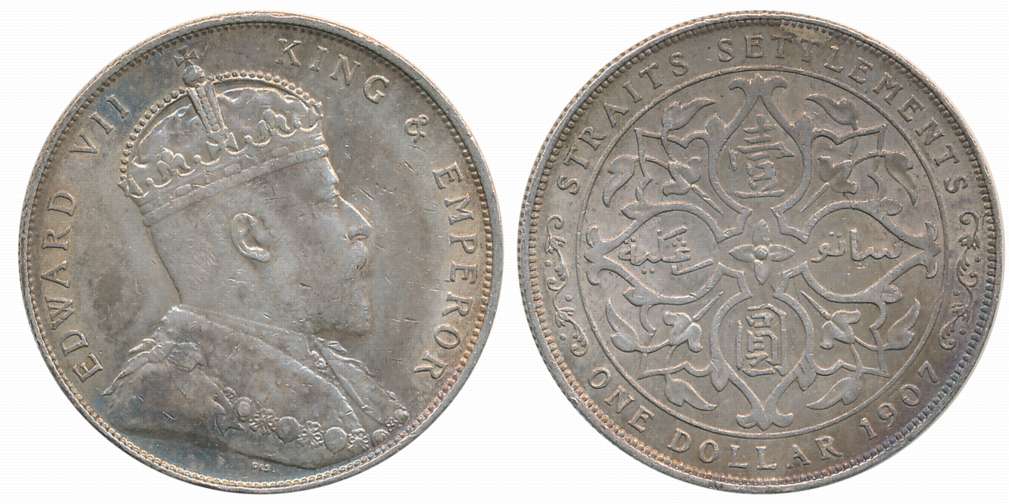 Straits Settlements, Edward VII, Silver 1 Dollar, 20.14g, 1907, Obv: Crowned bust facing r