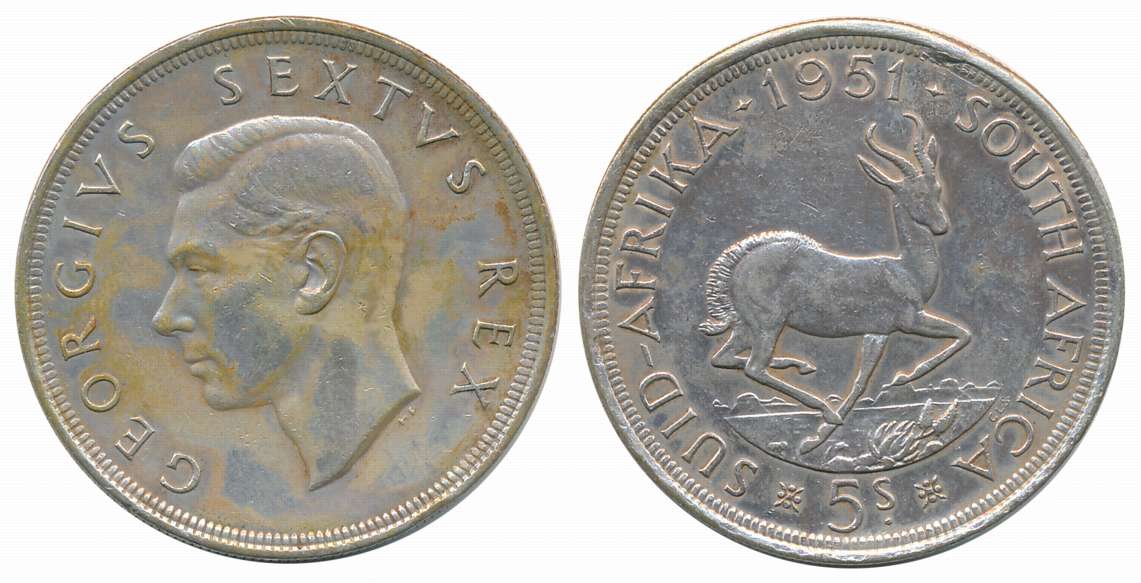 South Africa, George VI, Silver 5 Shillings, 28.09g, 1951, Pretoria Mint, Obv: King George
