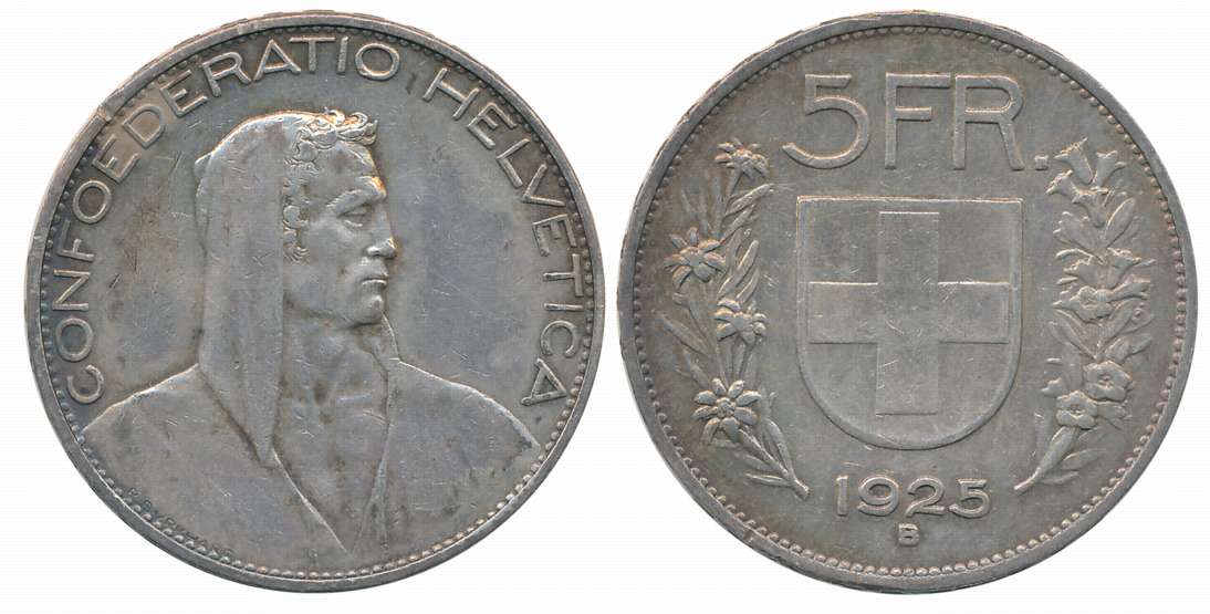Switzerland, Silver 5 Francs, 24.98g, 1925, Bern Mint, Obv: Bust of curly-haired herdsman,