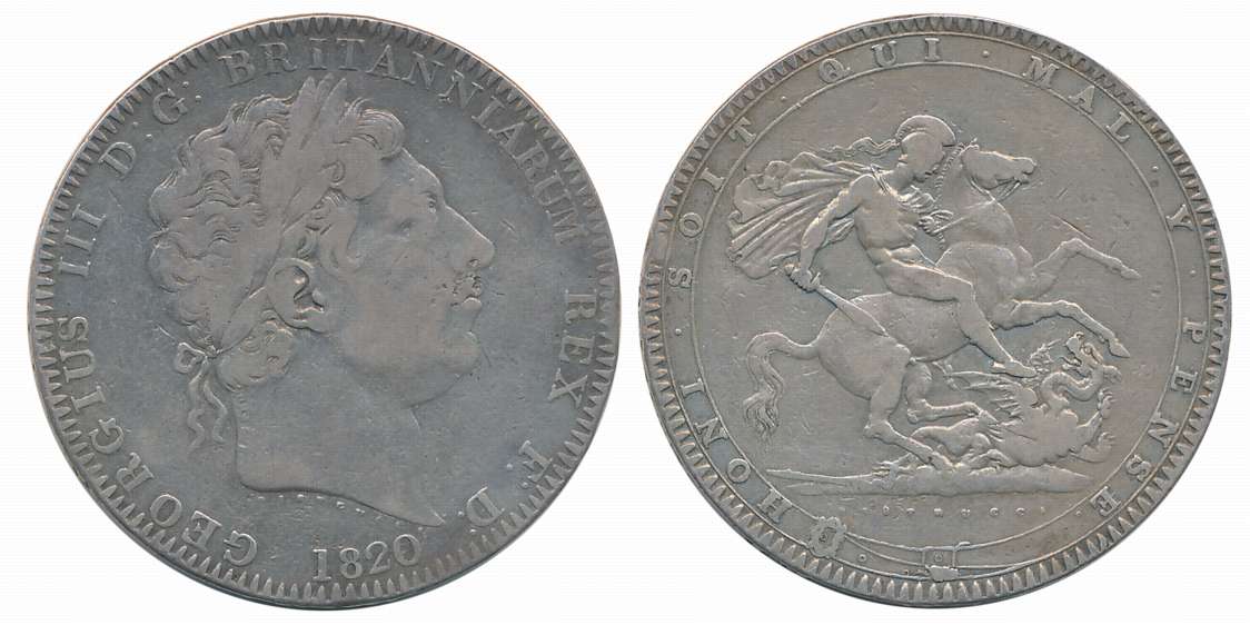 United Kingdom, George III, Silver 1 Crown, 27.89g, 1820, Royal Mint London, Obv: Laureate