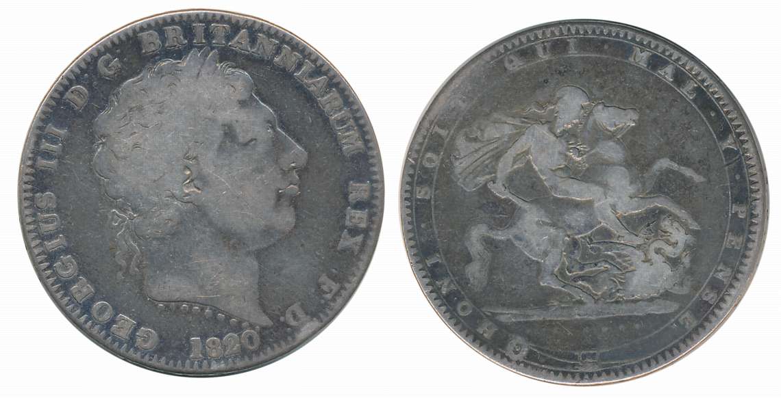 United Kingdom, George III, Silver 1 Crown, 27.61g, 1820, Royal Mint London, Obv: Laureate