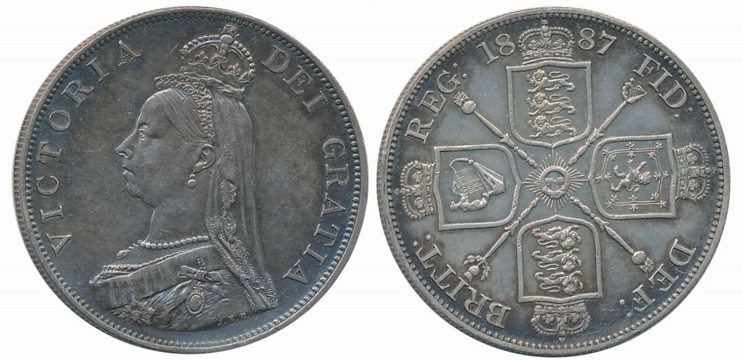 United Kingdom, Victoria, Silver 2 Florins, 22.64g, 1887, Obv: Crowned and veiled bust ('J