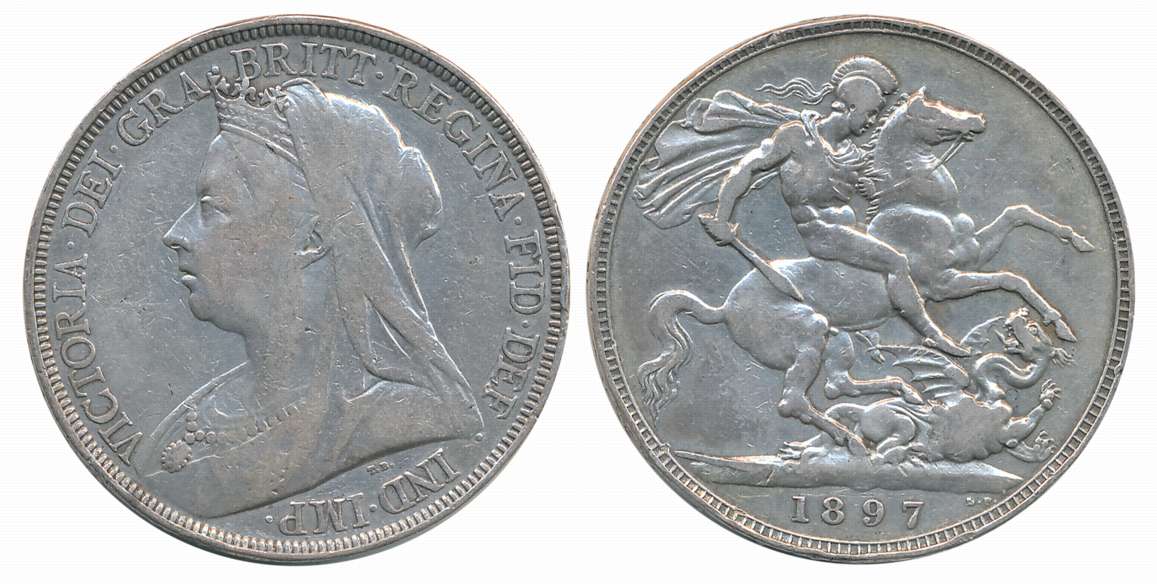 United Kingdom, Victoria, Silver 1 Crown, 27.96g, 1897, Obv: Crowned and veiled bust ('Old