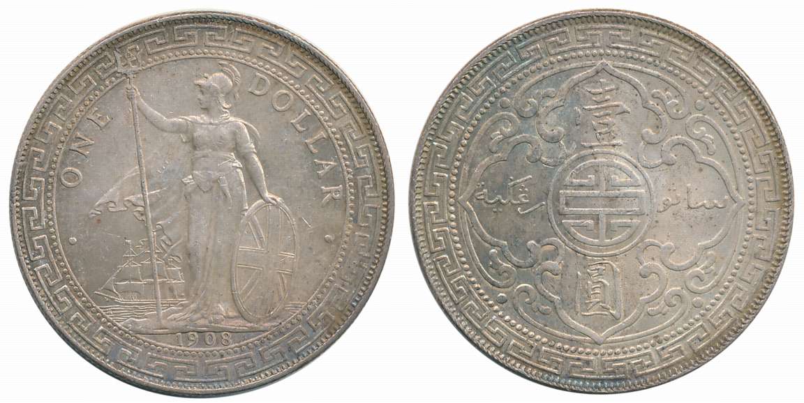 United Kingdom, Silver 1 Trade Dollar, 26.97g, 1908, Bombay Mint, Obv: Standing figure of 