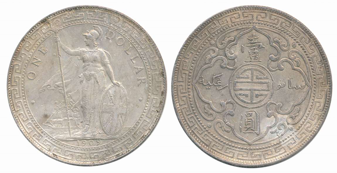 United Kingdom, Silver 1 Trade Dollar, 26.93g,1909, Bombay Mint, Obv: Standing figure of B