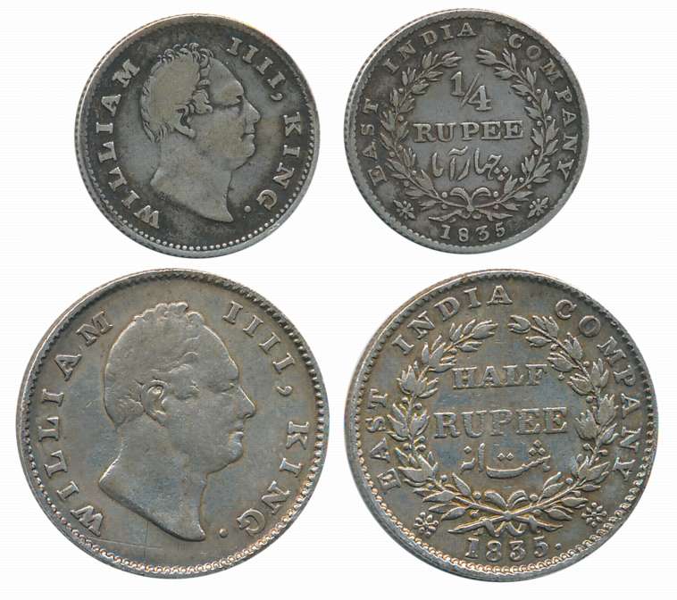 William IIII, Silver (2,) 1/2 Rupee & 1/4 Rupee, 1835. About very fine to very fine. 2 coi