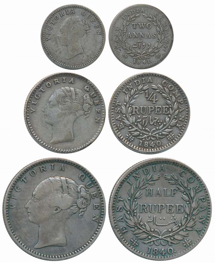Victoria Queen, Silver (3), 1/2 Rupee & 1/4 Rupee, 1840 &, 2 Anna, 1841, Continuous legend