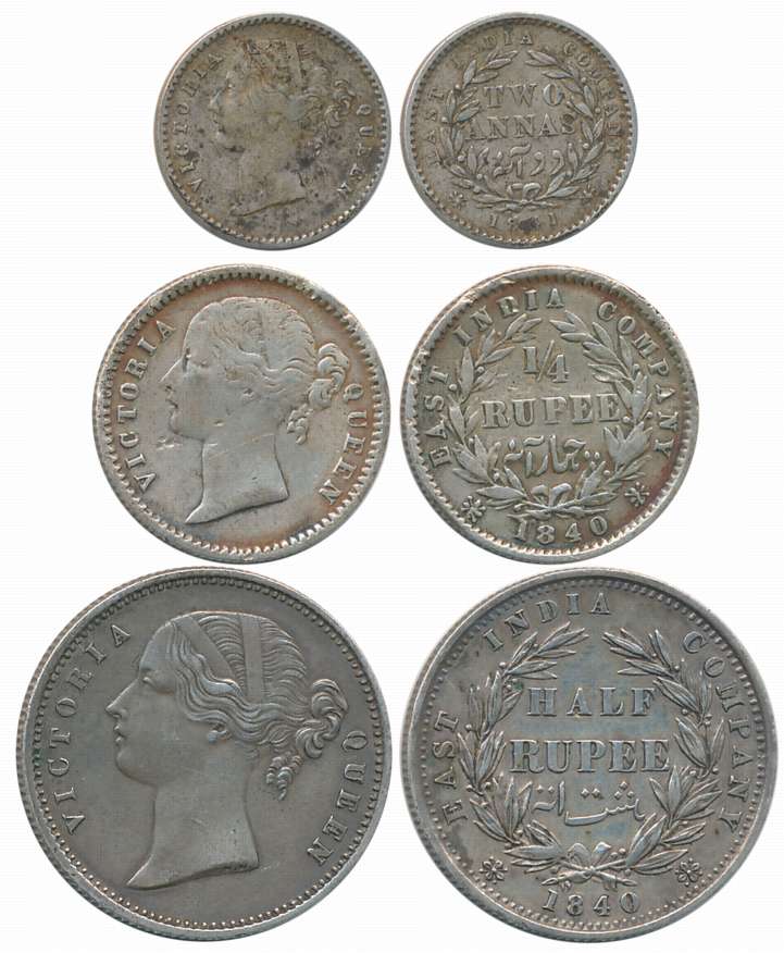 Victoria Queen, Silver (3), 1/2 Rupee & 1/4 Rupee, 1840 & 2 Anna,1841, Divided legend. Ver