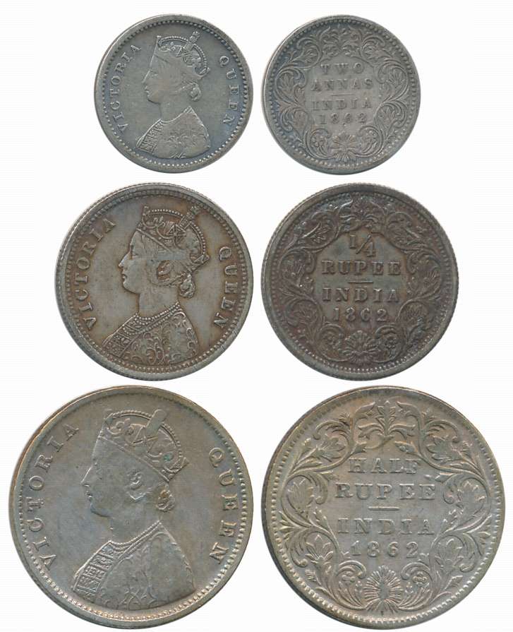Victoria Queen, Silver (3), 1/2 Rupee & 1/4 Rupee & 2 Anna, 1862. About very fine to very 