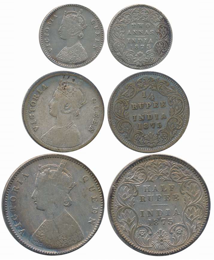 Victoria Queen, Silver (3) 1/2 Rupee & 1/4 Rupee & 2 Anna,1875. Fine+ to about very fine. 