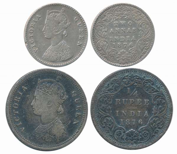 Victoria Queen, Silver (2), 1/4 Rupee & 2 Anna, 1876. Edge cut on 2 Anna. About very fine.