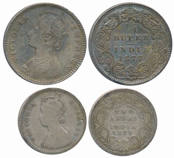 Victoria Empress, Silver (2) 1/4 Rupee & 2 Anna, 1877. About very fine to very fine. 2 coi