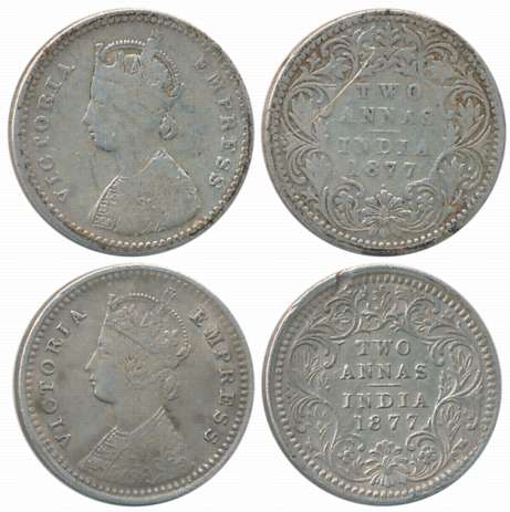 Victoria Empress, Silver 2 Anna (2), 1877. Edge nick on 1 coin. Fine to very fine. 2 coins