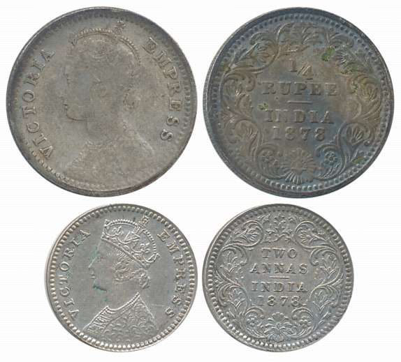 Victoria Empress, Silver (2), 1/4 Rupee & 2 Anna, 1878. About very fine to very fine+. 2 C