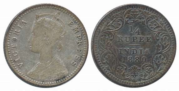 Victoria Empress, Silver 1/4 Rupee, 1880. Scratches on obverse. Fine+, extremely rare.