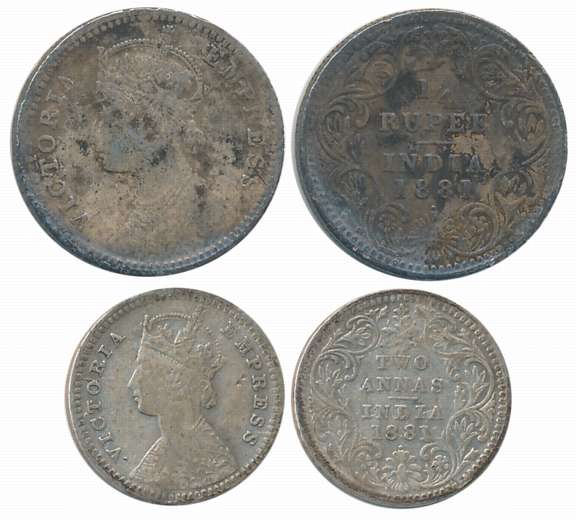 Victoria Empress, Silver (2), 1/4 Rupee & 2 Anna, 1881. About very fine. 2 coins.