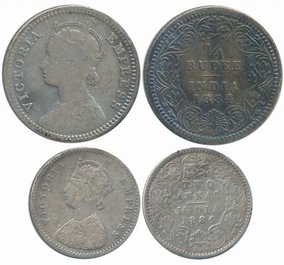 Victoria Empress, Silver (2), 1/4 Rupee & 2 Anna, 1884. Scratch on 2 Anna. Fine+. 2 coins.
