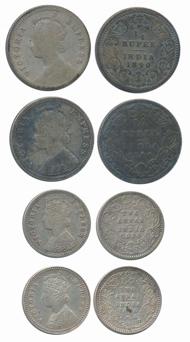 Victoria Empress, Silver (4), 1/4 Rupee & 2 Anna, 1890. Fine+ to about extremely fine. 4 c