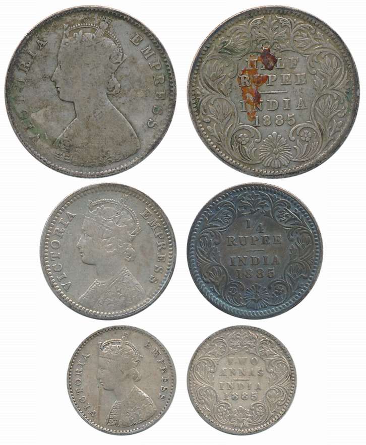Victoria Empress, Silver (3), 1/2 Rupee, 1/4 Rupee & 2 Anna, 1885. Fine+ to very fine. 3 c