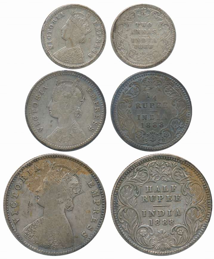 Victoria Empress, Silver (3), 1/2 Rupee, 1/4 Rupee & 2 Anna, 1888. Fine+ to about very fin