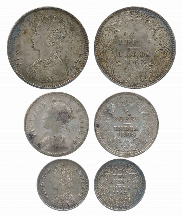 Victoria Empress, Silver (3), 1/2 Rupee, 1/4 Rupee & 2 Anna, 1893. Very fine to about extr