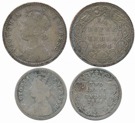 Victoria Empress, Silver (2), 1/4 Rupee & 2 Anna, 1894. Fine+ to about very fine. Scratch 