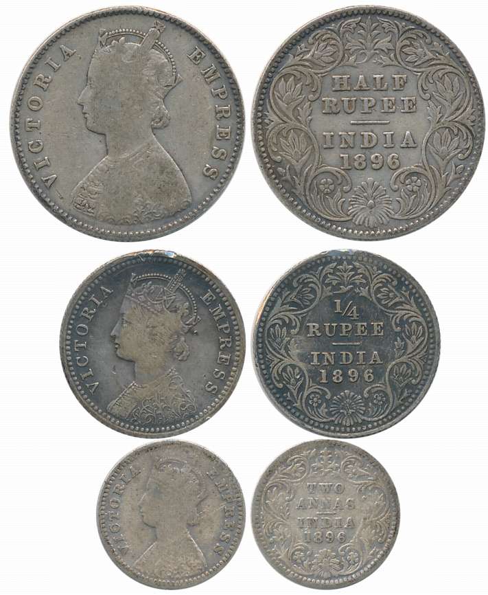 Victoria Empress, Silver (3), 1/2 Rupee, 1/4 Rupee & 2 Anna, 1896. Scratch on 1/4 Rupee on