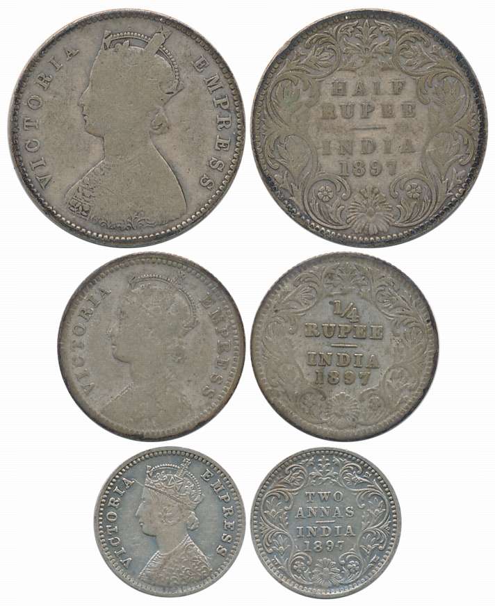 Victoria Empress, Silver (3), 1/2 Rupee, 1/4 Rupee & 2 Anna, 1897. Fine+ to very fine. 3 c