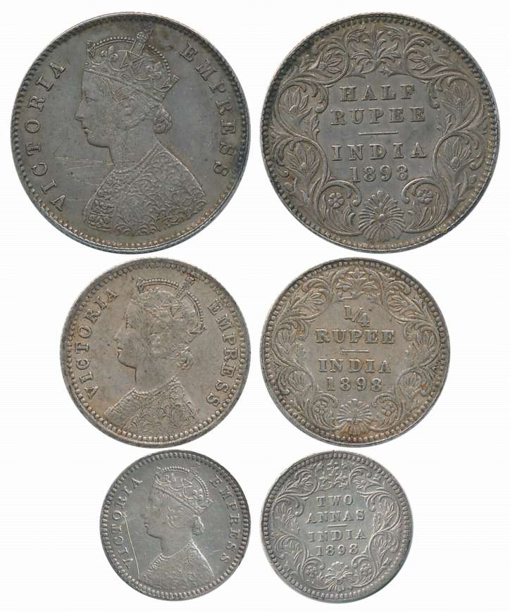 Victoria Empress, Silver (3), 1/2 Rupee, 1/4 Rupee & 2 Anna, 1898. Scratch on 1/2 & 1/8 Ru