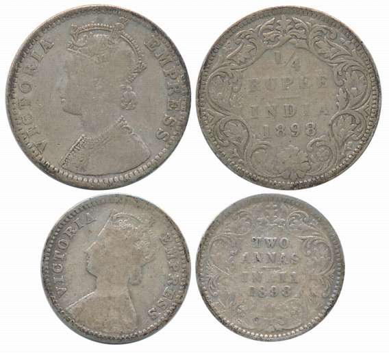 Victoria Empress, Silver (2), 1/4 Rupee, 2 Anna, 1898, Fine. 2 coins.