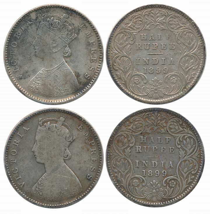 Victoria Empress, Silver 1/2 Rupees (2), 1899. Scratch on 1 coin. Fine to about very fine.