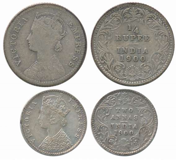 Victoria Empress, Silver (2), 1/4 Rupee & 2 Anna, 1900. Fine+ to very fine. 2 coins.