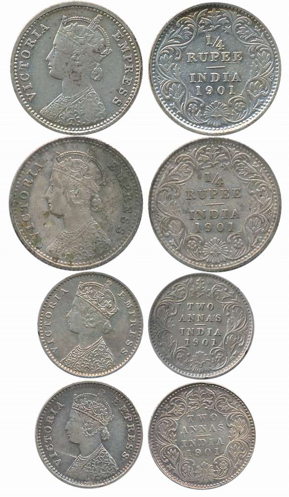 Victoria Empress, Silver (4), 1/4 Rupee & 2 Anna, 1901. Scratch on 1/8 Rupee on obverse on