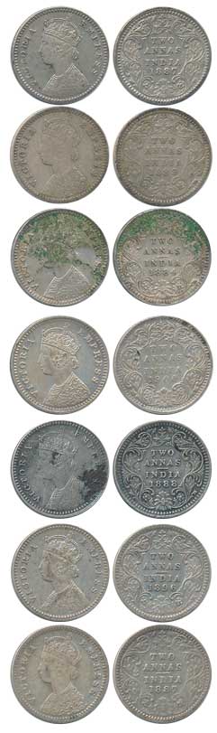 Victoria Empress, Silver 2 Anna (7), 1884,1887,1887,1888,1889,1896,1900. Fine to about ext