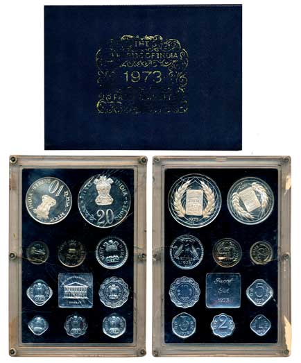 1973, Proof set of 10, Rupees 50, 10 & 1, Paisa 50, 25, 10, 5, 3, 2, & 1, with mint emblem