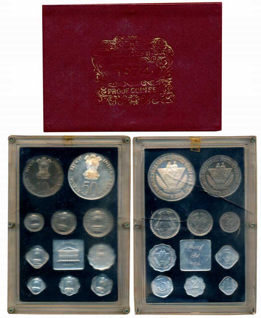 1974, Proof set of 10, Rupees 50, 10 & 1, Paisa 50, 25, 10, 5, 3, 2, & 1, with mint emblem