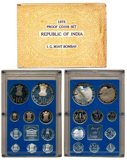 1975, Proof Set of 10, Rupees 50, 10 & 1, Paisa 50, 25, 10, 5, 3, 2, & 1, with mint emblem