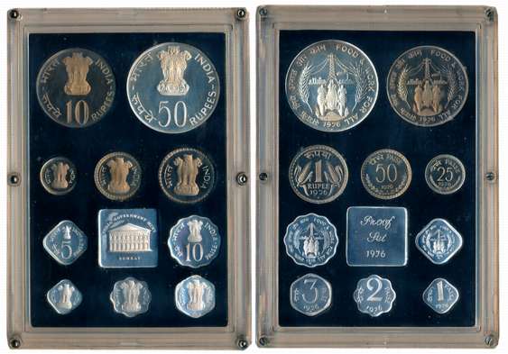 1976, Proof Set of 10, Rupees 50, 10 & 1, Paisa 50, 25, 10, 5, 3, 2, & 1, with mint emblem