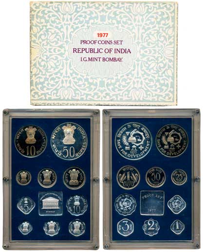 1977, Proof Set of 10, Rupees 50, 10 & 1, Paise 50, 25, 10, 5, 3, 2, & 1, with mint emblem
