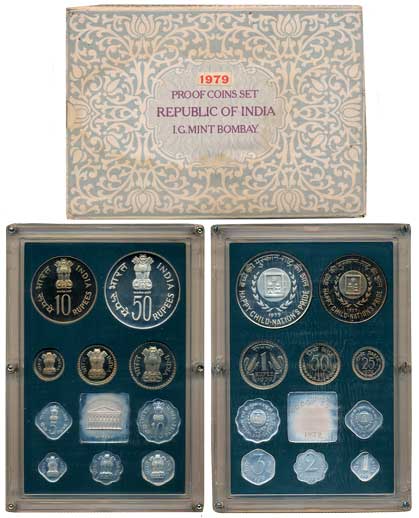 1979, Proof Set of 10, Rupees 50, 10 & 1, Paise 50, 25, 10, 5, 3, 2, & 1, with mint emblem