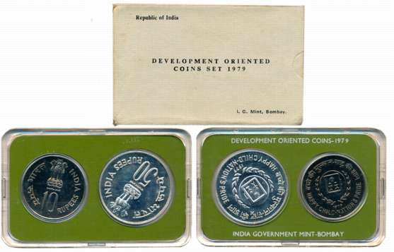 1979, Development Oriented Coins, Uncirculated Silver set of 2, Rupees 50 & 10, “Happy Chi