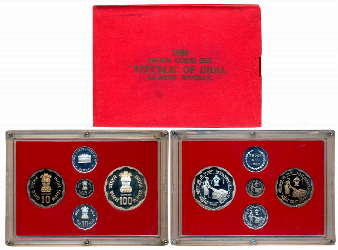 1980, Proof set of 4, Rupees 100, 10, Paise 25 & 10, with Mint emblem, “Rural Women’s Adva