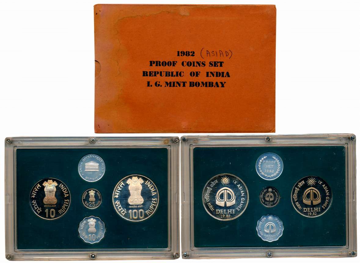 1982, Proof set of 4, Rupee 100, 10 & Paise 25, 10, with mint emblem, “IX Asian Games”, Bo