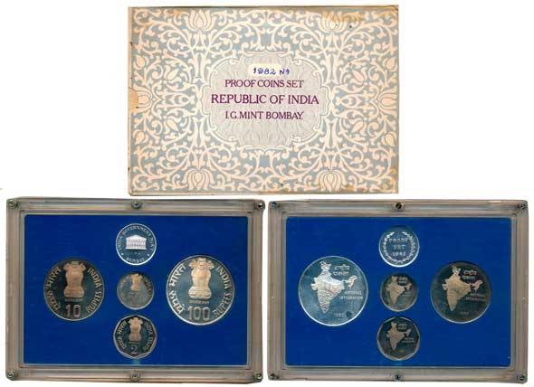 1982, Proof Set of 4, Rupee 100, 10, 2 & Paise 50, with mint emblem, “National Integration