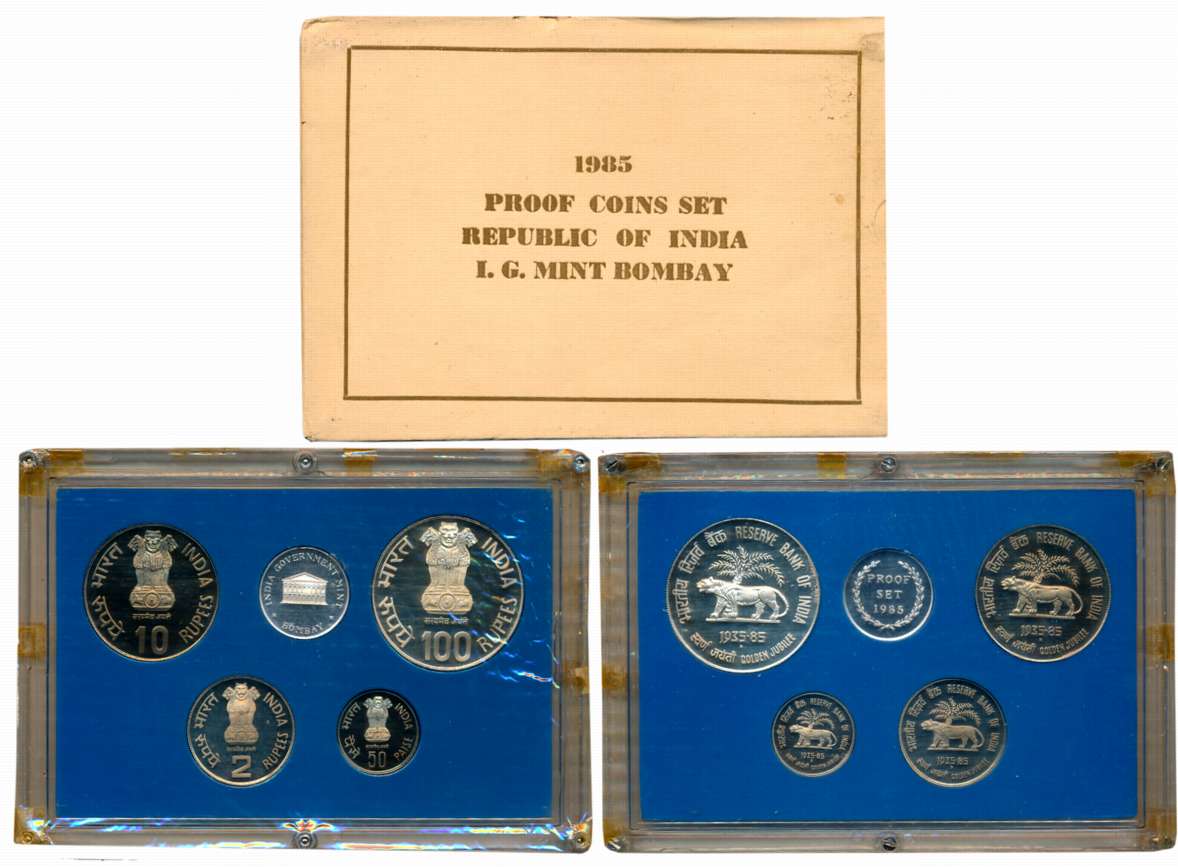 1985, Proof Set of 4, Rupees 100, 10, 2 & Paise 50, with mint emblem “Reserve Bank of Indi