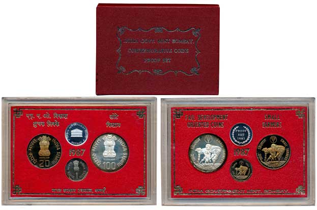 1987, Proof Set of 3, Rupees 100, 20 & 1, with Mint emblem, “Small Farmers”, Bombay Mint (