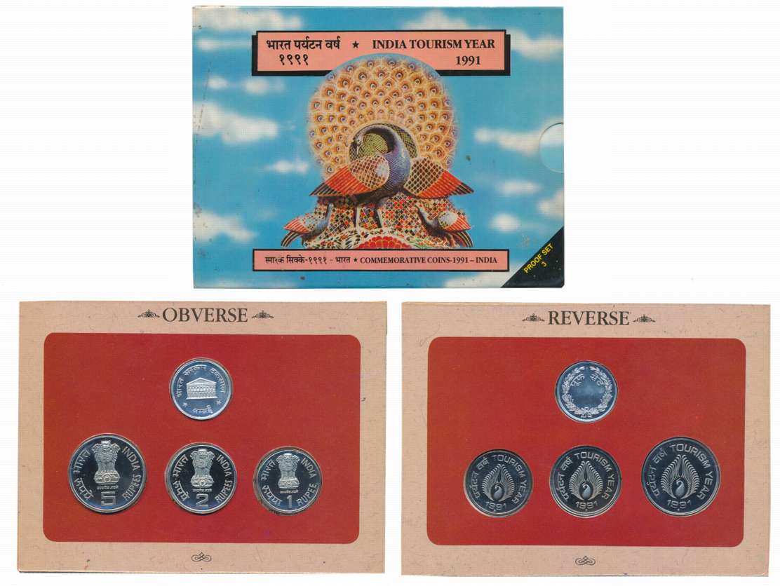 1991, Proof Set of 3, Rupees 5, 2 & 1, with Mint emblem, “India Tourism Year”, Bombay Mint