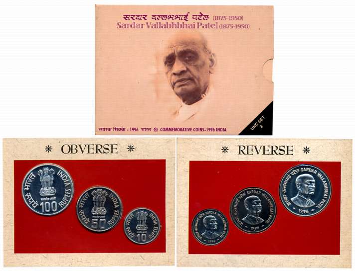 1996, Uncirculated Set of 3, Rupees 100, 50, 10, “Sardar Vallabhbhai Patel”, Mumbai Mint (