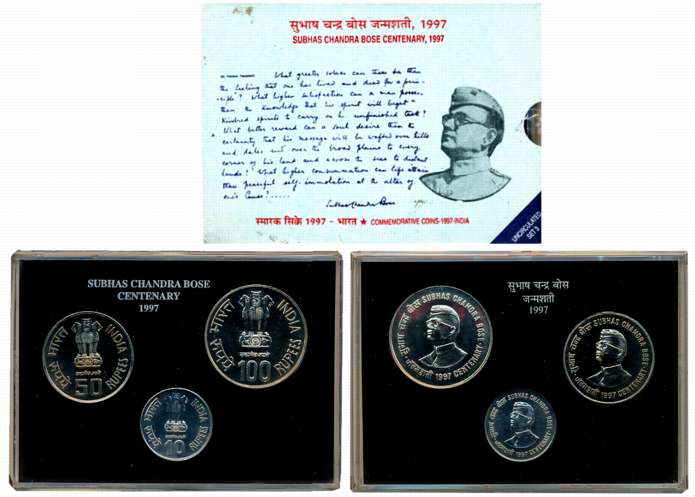 1997, Uncirculated Set of 3, Rupees 100, 50 & 10, “Netaji Subhas Chandra Bose Centenary”, 